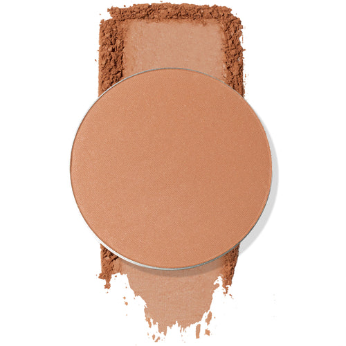 Talk to the Palm round metal pan showing a warm tan shade atop a swatch of crushed powder on a white background; ColourPop Pressed Powder Bronzer Single for natural sun-kissed warmth.