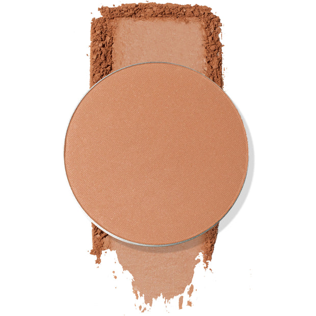 Talk to the Palm round metal pan showing a warm tan shade atop a swatch of crushed powder on a white background; ColourPop Pressed Powder Bronzer Single for natural sun-kissed warmth.