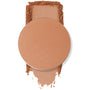 Talk to the Palm round metal pan showing a warm tan shade atop a swatch of crushed powder on a white background; ColourPop Pressed Powder Bronzer Single for natural sun-kissed warmth.
