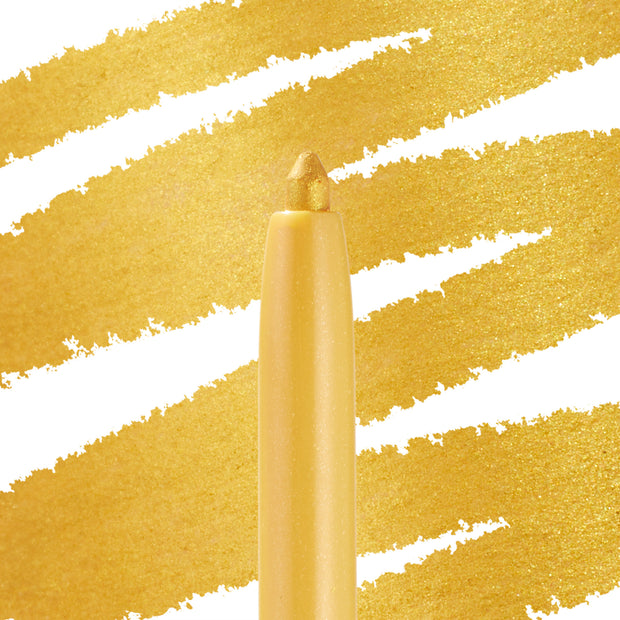 ColourPop Crème Gel Liner in Toucan Do It showcasing a twist-up tip and smooth, shimmery yellow-gold payoff, set against matching gold swatch streaks on a white background.
