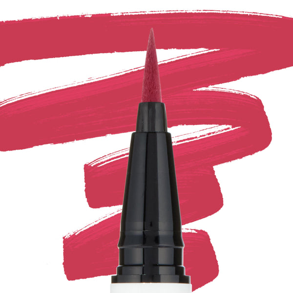 Felt-tip eyeliner pen lays a vivid red-pink stroke - ColourPop BFF Liquid Liner in Try Me - shown in close-up with bold swatches behind, emphasizing the precise brush tip for sharp wings and long-lasting pigment.