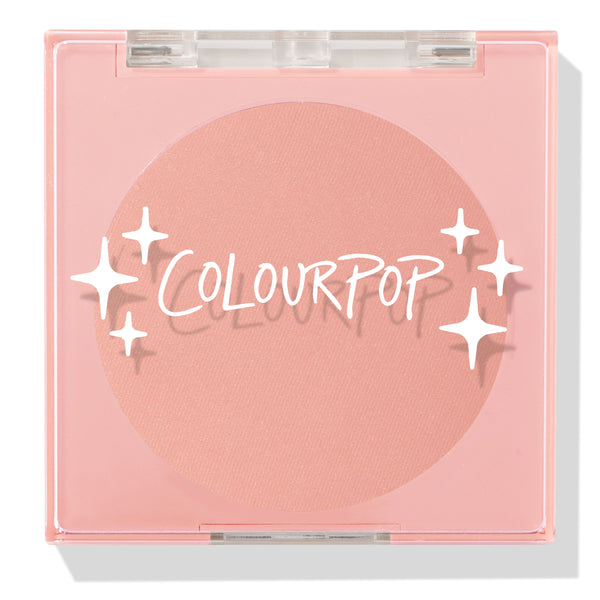 Why Hello ColourPop Pressed Powder Blush compact, closed, displaying a matte peach-pink pan under a clear lid with white ColourPop logo and sparkles, set in a light pink square case on a white studio background.
