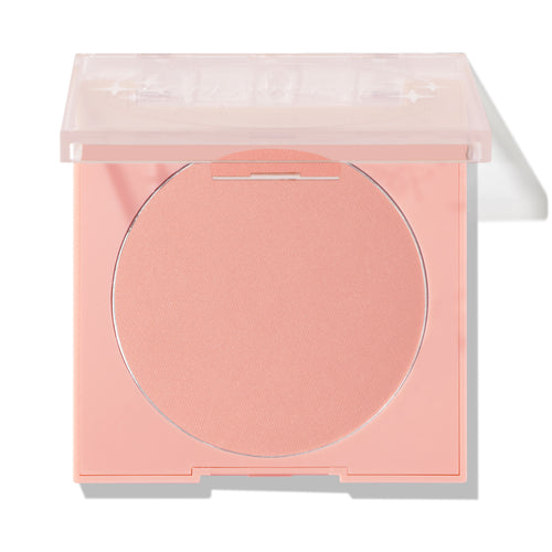 Why Hello ColourPop Pressed Powder Blush showing a peachy‑pink matte pan in a soft pink square compact with a clear lid half open on a white background.